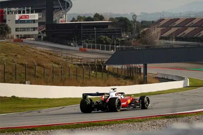Charles Leclerc driving the Ferrari during the 2026 F1 shakedown at Circuit de Barcelona-Catalunya.