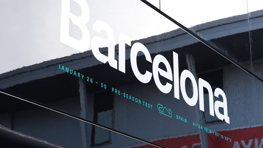 Official branding at the Circuit de Barcelona-Catalunya for the January 2026 Formula 1 pre-season test.