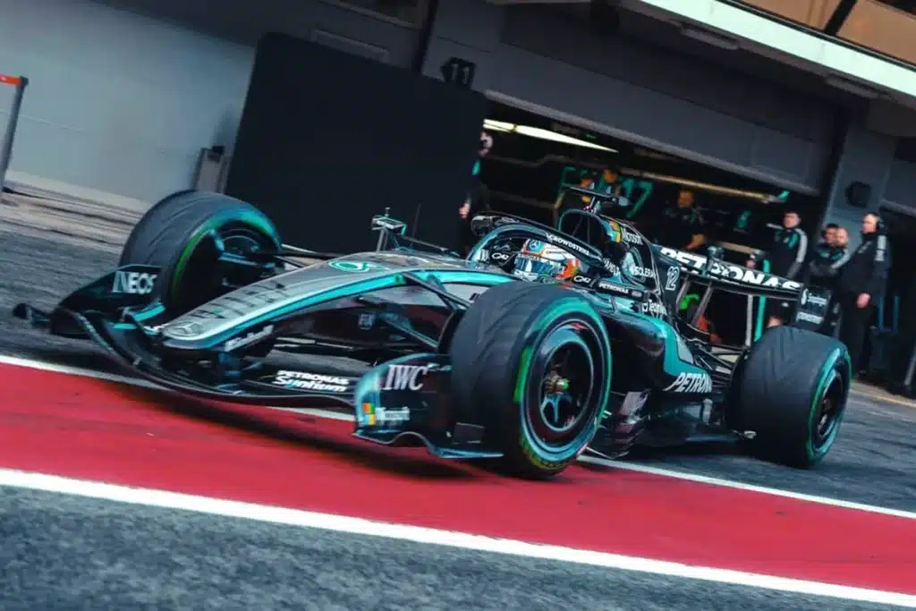 Kimi Antonelli exiting the Mercedes-AMG Petronas garage during Day Three of the F1 shakedown at Circuit de Barcelona-Catalunya.