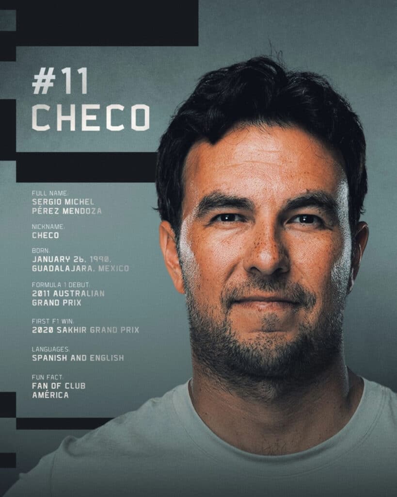 Infographic of F1 driver Sergio 'Checo' Pérez highlighting his racing career stats and debut history for Cadillac comeback article.