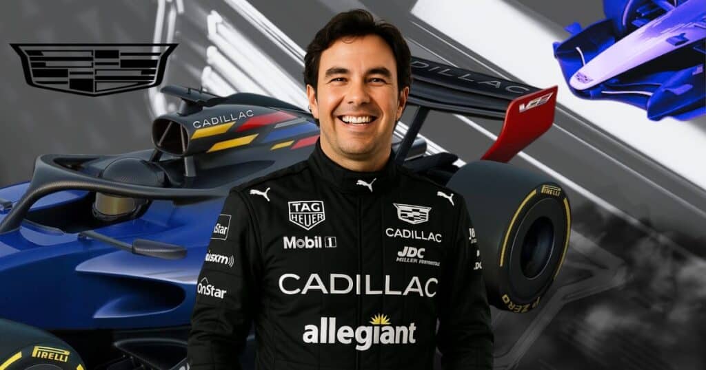 Portrait of Sergio Pérez in his 2026 Cadillac F1 black racing suit, symbolizing his return to the Formula One grid for the Australian Grand Prix.