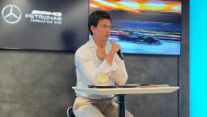 Mercedes F1 Team Principal Toto Wolff speaking at a press conference regarding the 2026 engine regulations.