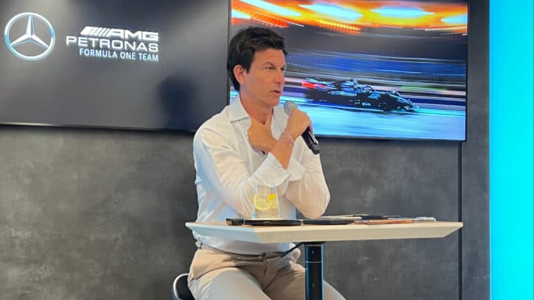 Mercedes F1 Team Principal Toto Wolff speaking at a press conference regarding the 2026 engine regulations.