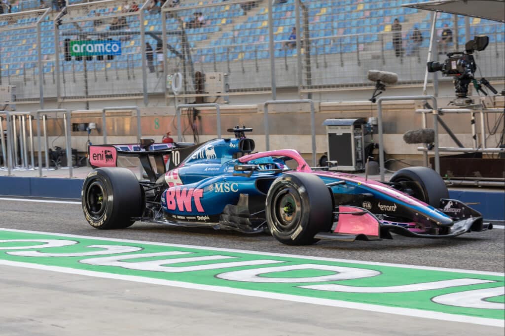 Pierre Gasly driving the Alpine A526 with a Mercedes power unit during 2026 Formula 1 pre-season testing at the Bahrain International Circuit.