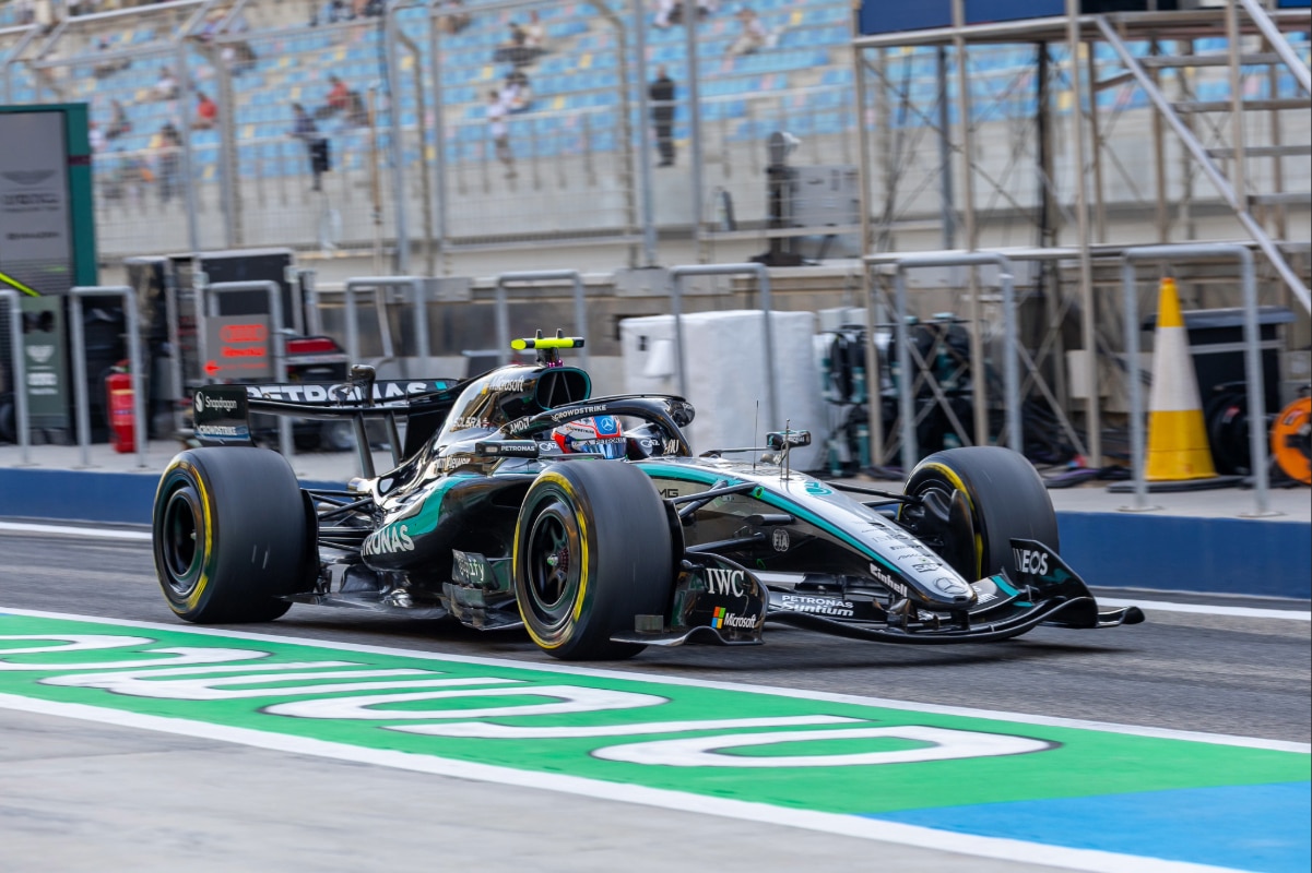 Andrea Kimi Antonelli exiting the pits in his Mercedes-AMG F1 car during day 5 of testing in Bahrain.