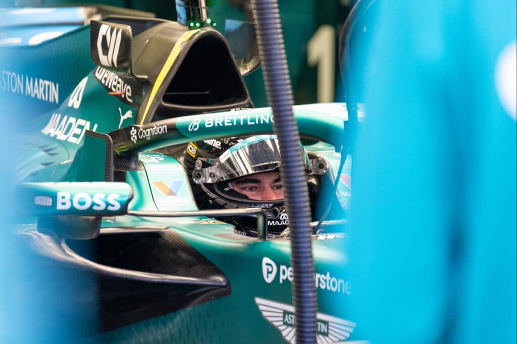 Aston Martin F1 driver Lance Stroll in the cockpit during a break in 2026 Bahrain testing.