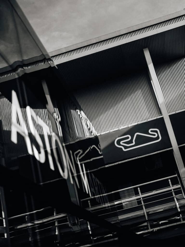 Dramatic architectural view of the Aston Martin Aramco Formula One Technology Campus in Silverstone.