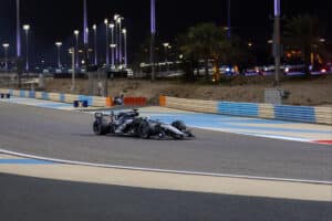 The new Cadillac F1 Team car during 2026 pre-season testing in Bahrain, featuring the black and white livery.