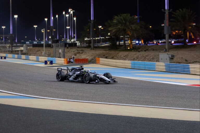 The new Cadillac F1 Team car during 2026 pre-season testing in Bahrain, featuring the black and white livery.
