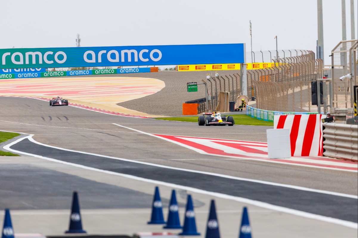 Formula 1 car driving on track during 2026 pre-season testing at the Bahrain International Circuit.