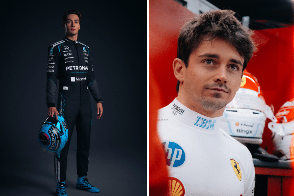 George Russell of Mercedes and Charles Leclerc of Ferrari during a media session at the 2026 Bahrain pre-season test.