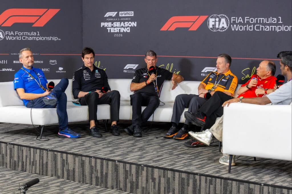 Toto Wolff, Fred Vasseur, and Zak Brown during the tense F1 team principals' press conference in Bahrain 2026.