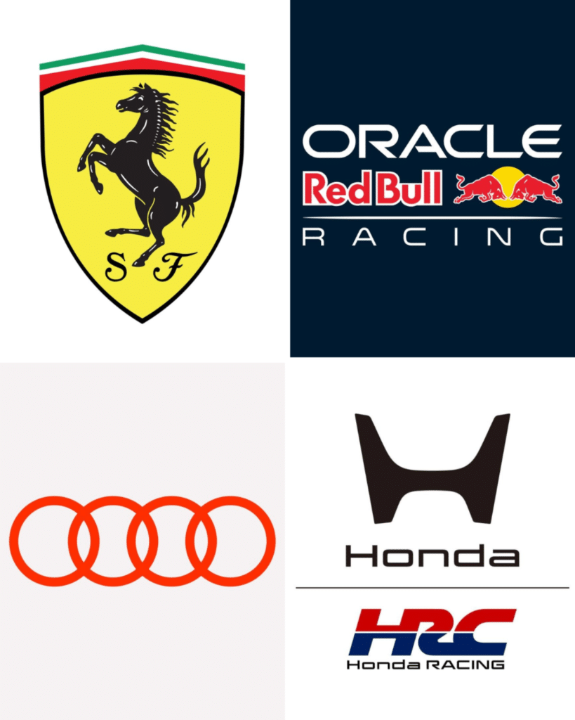 Logos of Formula One rival manufacturers Ferrari, Oracle Red Bull Racing, Audi, and Honda representing the 2026 power unit landscape.