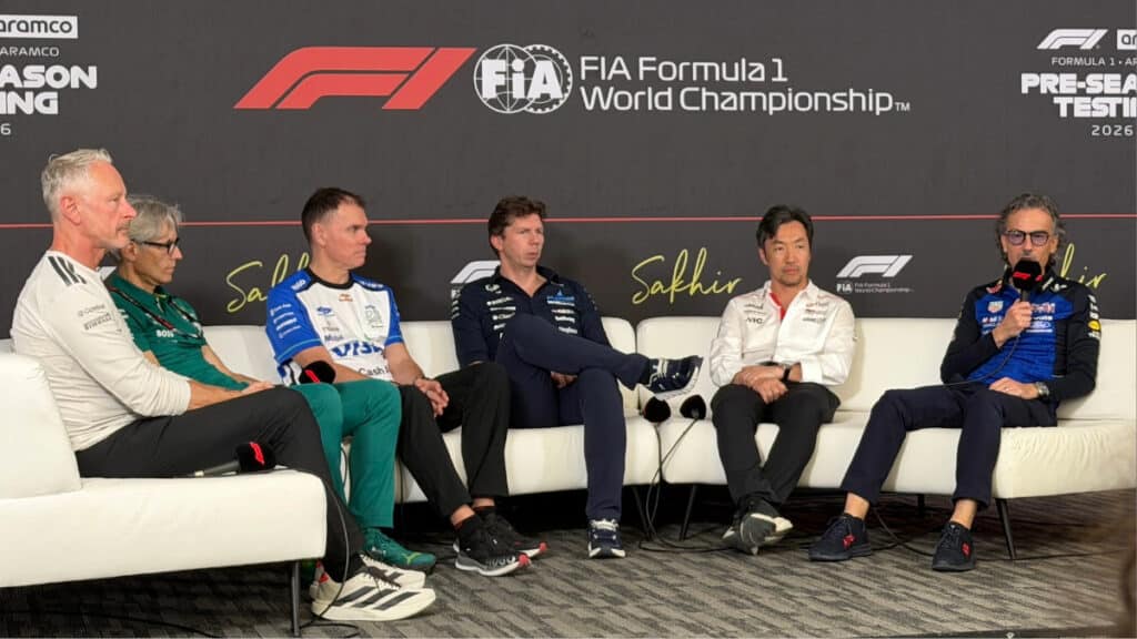 F1 team principals including James Vowles and Laurent Mekies during an FIA press conference in Bahrain, discussing the 2026 technical regulation changes.