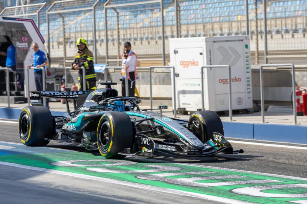 George Russell driving the Mercedes-AMG F1 car during 2026 pre-season testing in Bahrain, where the team was suspected of sandbagging.