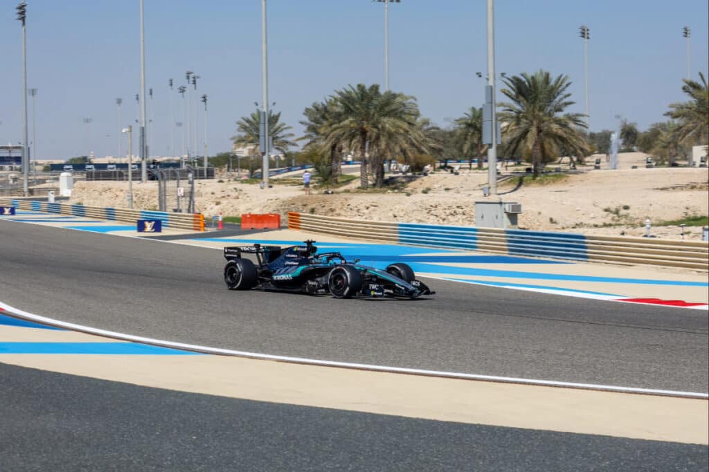George Russell testing the Mercedes W17 in daylight at the Sakhir circuit.