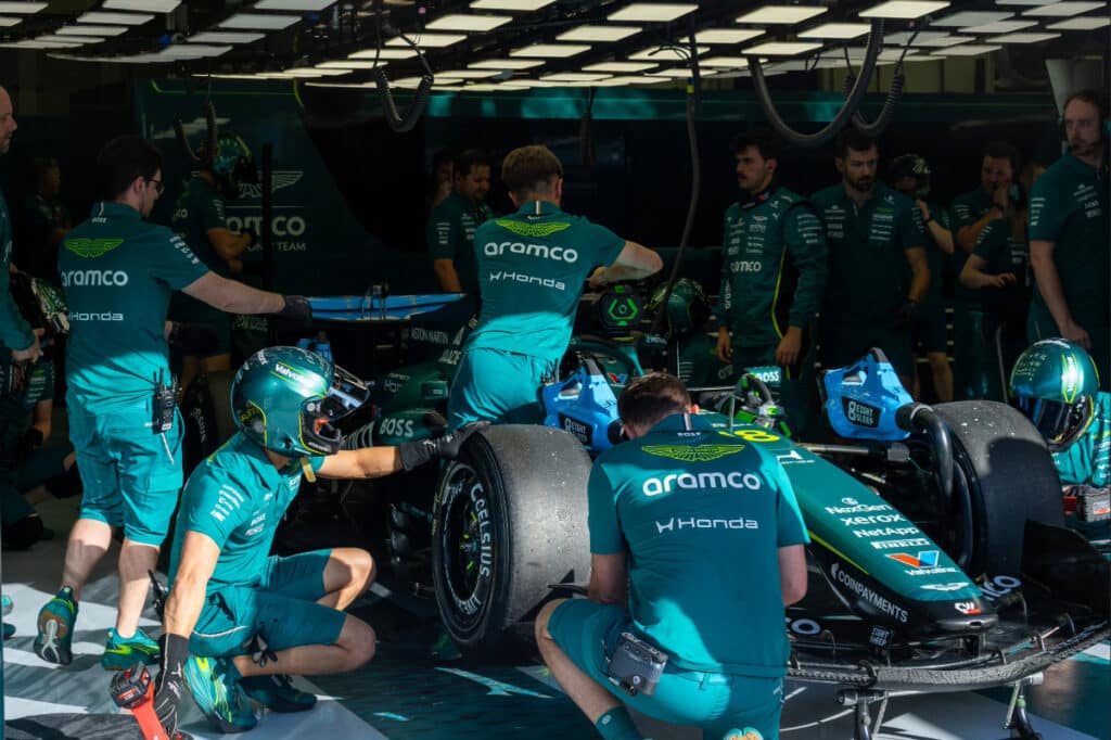 The Aston Martin AMR26 on track for one of its few laps on the final day, highlighting the team's significant mileage deficit heading into Melbourne.