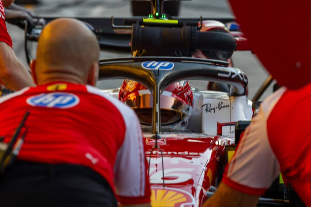 Charles Leclerc pushing the Ferrari to its fastest lap of the 2026 pre-season test in Bahrain.