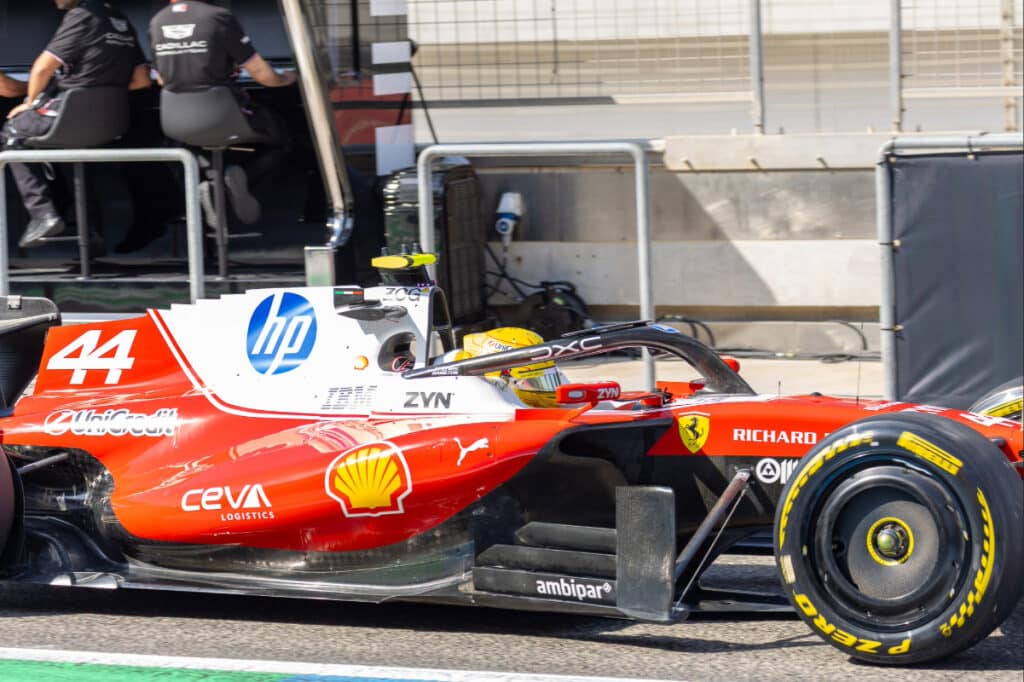Lewis Hamilton driving the Scuderia Ferrari SF-26 during pre-season testing in Bahrain, representing a new era for the team.
