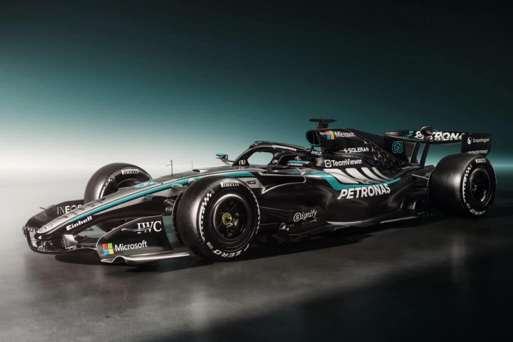 A high-detail studio photograph of the Mercedes-AMG PETRONAS 2026 Formula 1 car, highlighting its clean design and technical sophistication.