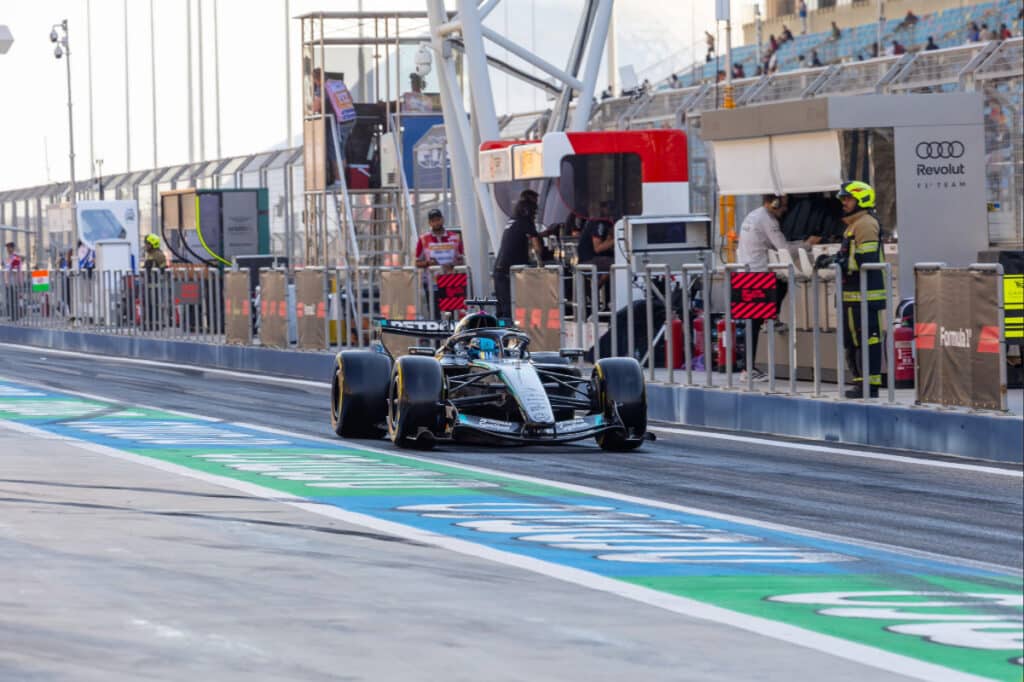 George Russell driving the Mercedes W17 during a high-mileage long run at the Bahrain International Circuit.