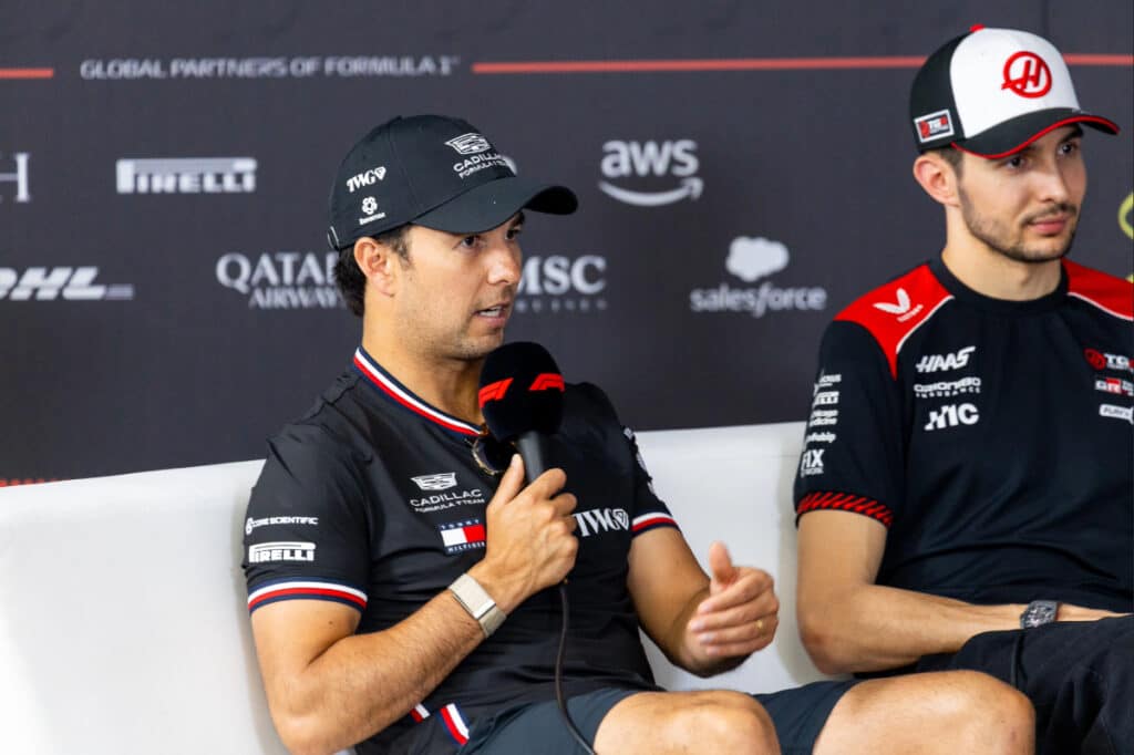Sergio Perez representing the new Cadillac team during the Friday press conference, discussing the opportunities provided by the 2026 regulation reset.