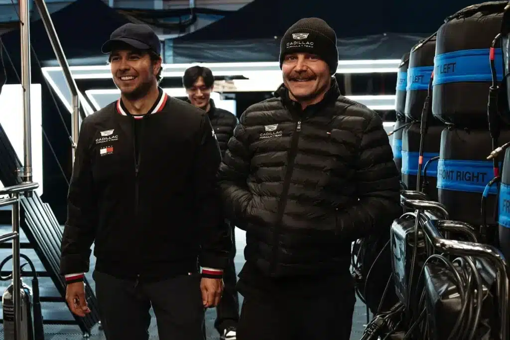 Sergio Pérez and Valtteri Bottas in Cadillac F1 racing suits during the 2026 Bahrain pre-season test.