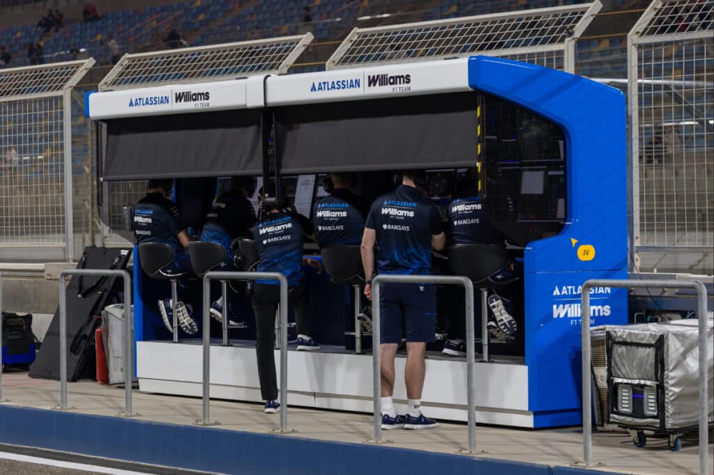 Williams Racing engineers analyzing aerodynamic data and car telemetry at the pit wall in Bahrain.