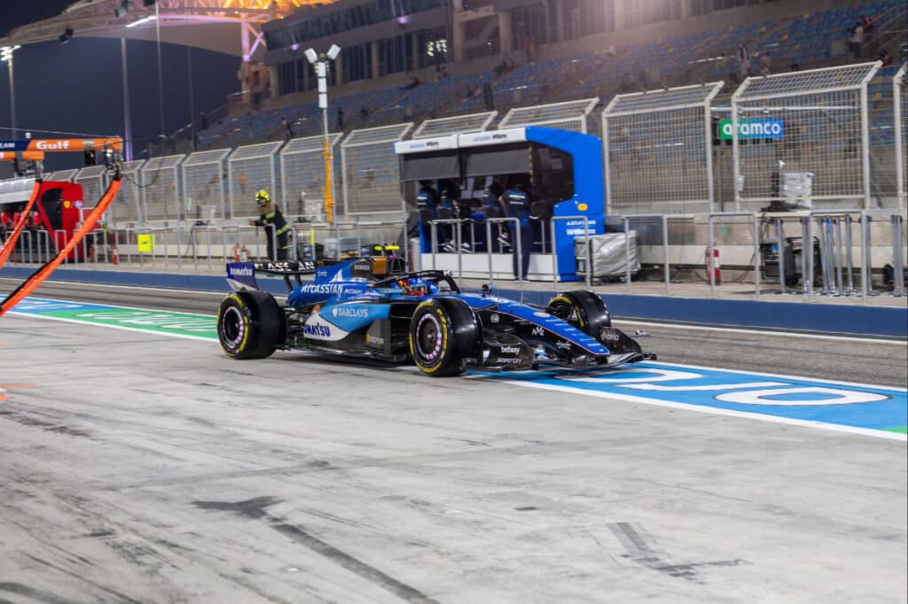 Williams Racing F1 car on track during the night session of 2026 Bahrain testing.