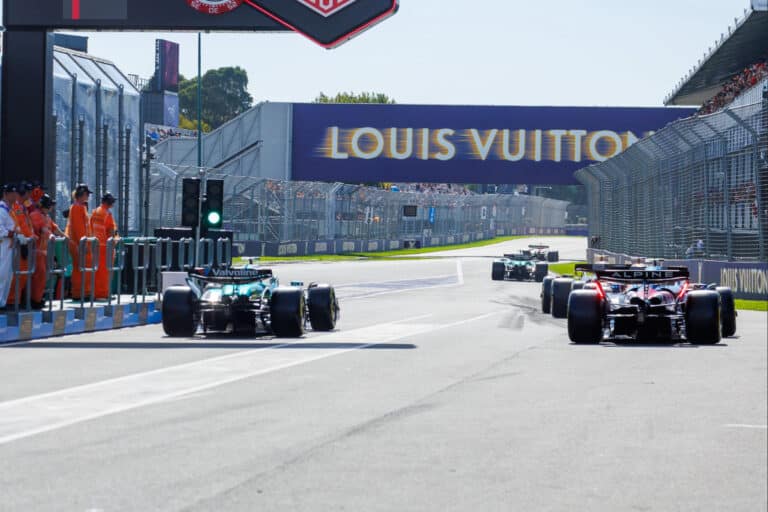 Formula 1 cars exiting the pit lane at Albert Park during the 2026 Australian Grand Prix preview, showcasing the new regulation technical changes.