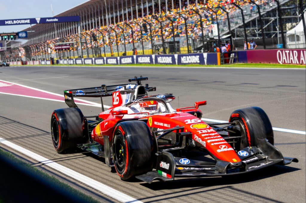 Charles Leclerc driving his Ferrari SF-26 on track at Albert Park during FP1 of the 2026 Australian Grand Prix.