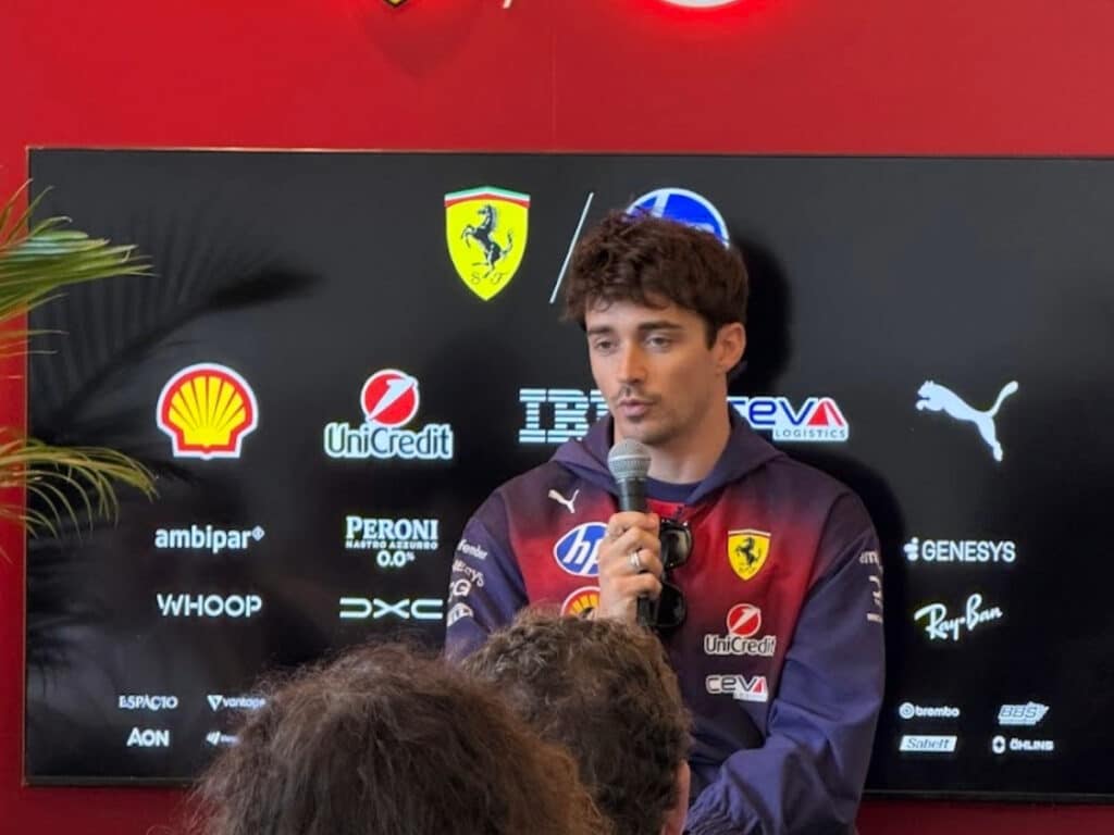 Ferrari driver Charles Leclerc discussing the Shanghai International Circuit's characteristics during a 2026 media briefing.