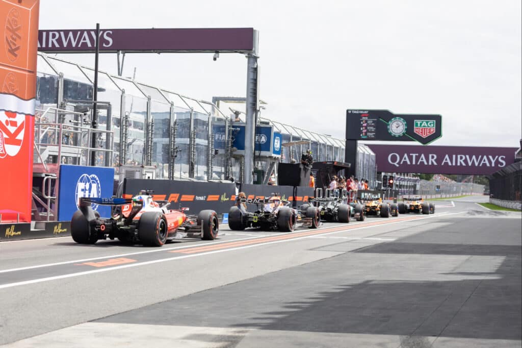Formula 1 cars lined up on the Albert Park grid for the start of the 2026 Australian Grand Prix.