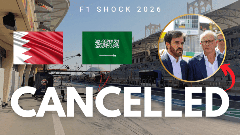 Official logos for the Bahrain and Saudi Arabian Grands Prix displayed together, representing the official cancellation of these April 2026 F1 events due to regional conflict.