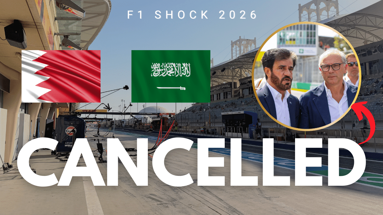 Official logos for the Bahrain and Saudi Arabian Grands Prix displayed together, representing the official cancellation of these April 2026 F1 events due to regional conflict.