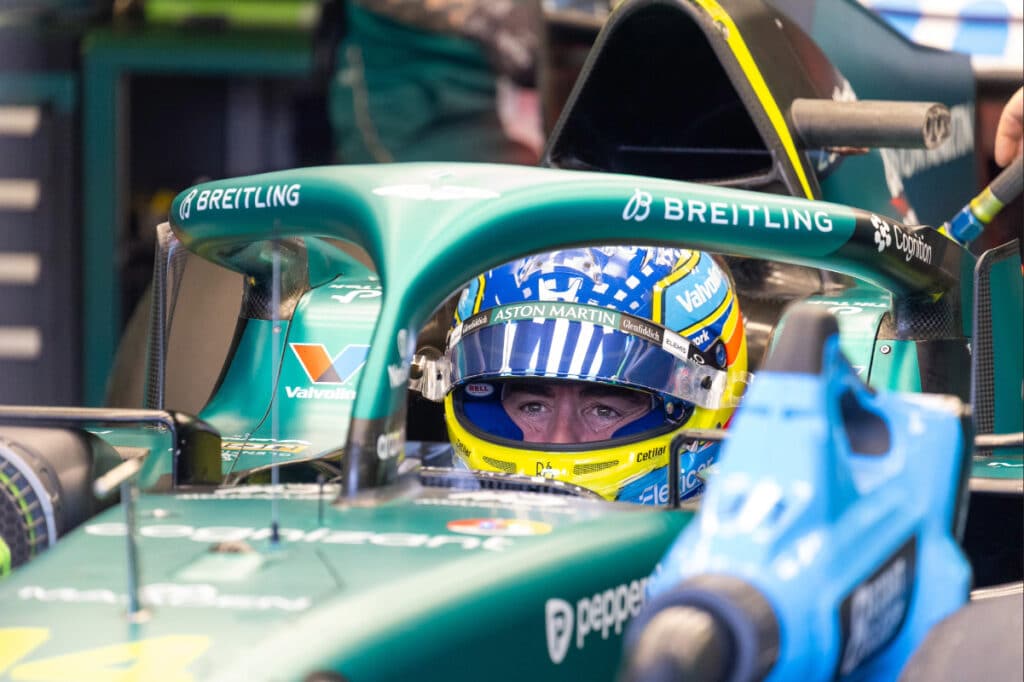Fernando Alonso in the Aston Martin cockpit during qualifying for the 2026 Australian Grand Prix, as the team works through technical vibration issues.