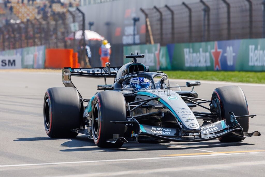 George Russell driving the Mercedes-AMG F1 W17 at the Shanghai International Circuit during the 2026 Chinese Grand Prix weekend.