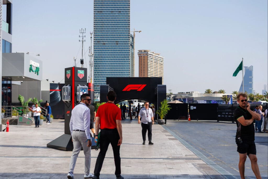 Entrance to the Jeddah Corniche Circuit paddock during a Formula 1 race weekend in Saudi Arabia.