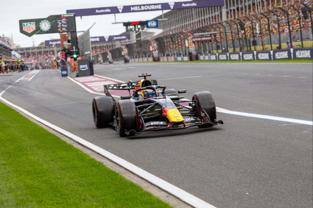 Max Verstappen driving his Red Bull Racing car during his charge through the field at the 2026 Australian Grand Prix.