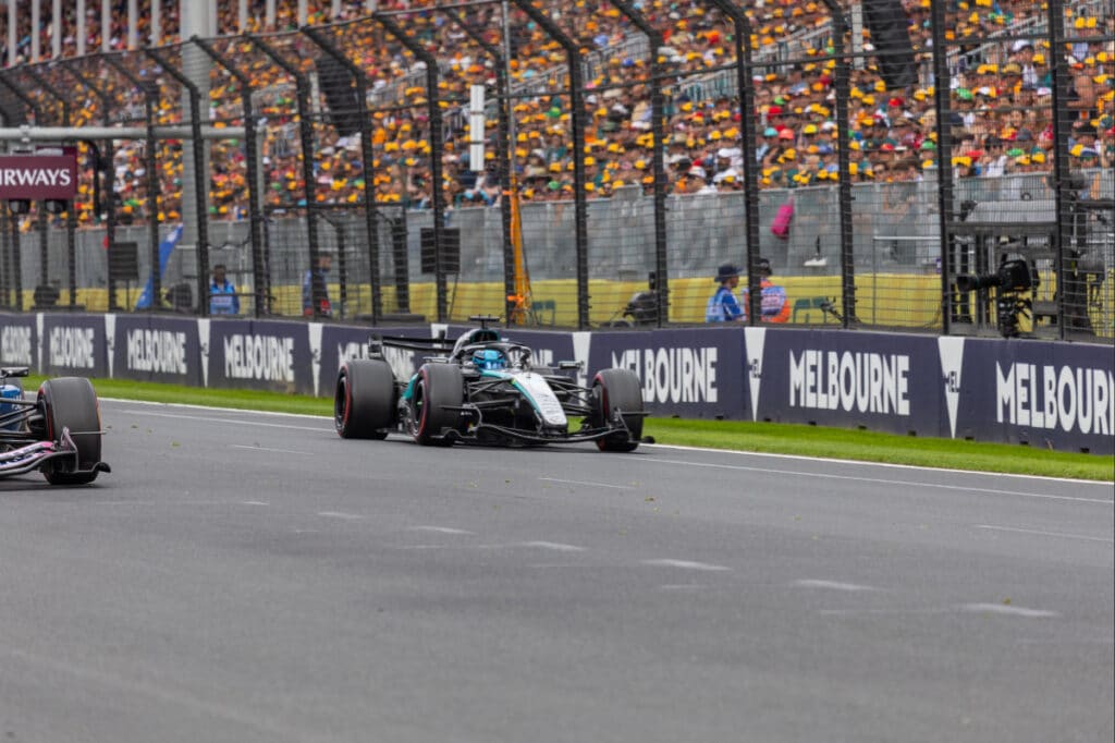 George Russell leading in his Mercedes during the 2026 Australian Grand Prix at Albert Park.