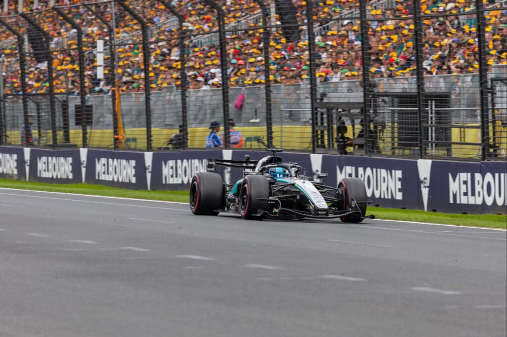 George Russell driving the Mercedes W17 during qualifying at Albert Park for the 2026 Australian Grand Prix.