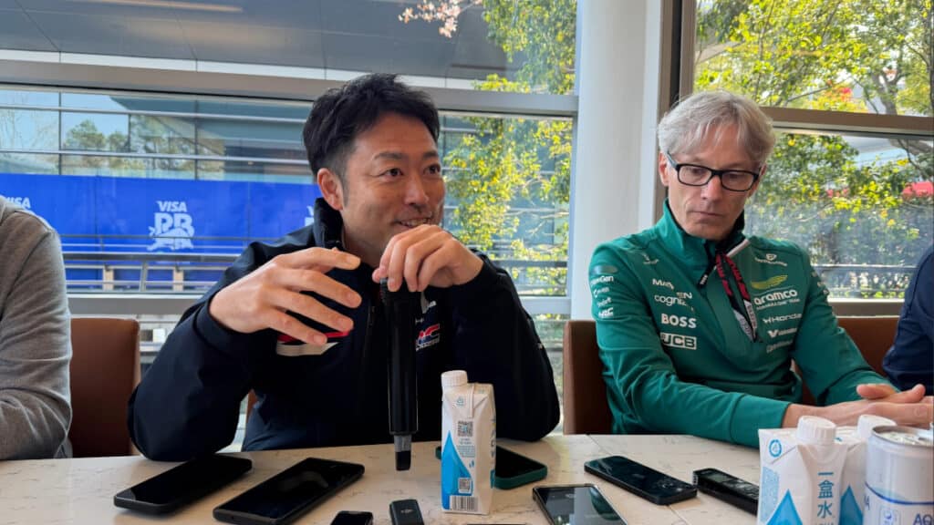 Aston Martin team representative Mike Krack and Honda engineer Shintaro Orihara during a technical media briefing at the 2026 Chinese Grand Prix.